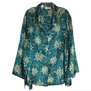 Gilligan & O'Malley Silky Collared Button Front Loungewear Pajama Top Green Gold